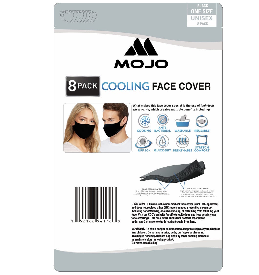 Reusable Breathable Face Masks, Cooling Anti-Bacterial Silver-Infused, Washable (8-Pack) for Men